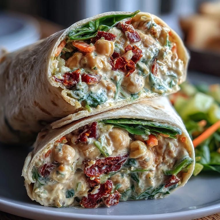 These colorful wraps feature a hearty chickpea salad with tangy sun-dried tomatoes, crisp cucumber, and carrots, perfect for a quick lunch or dinner.