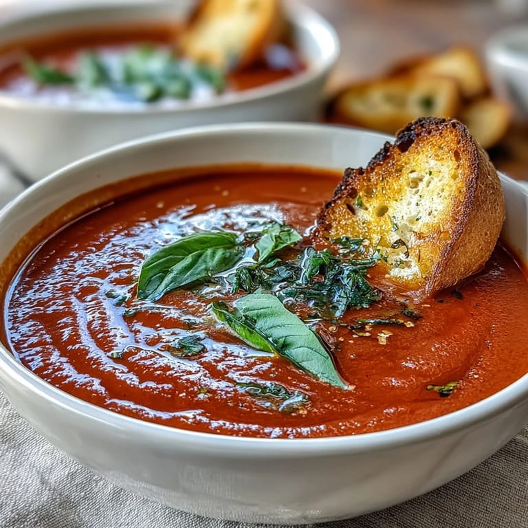 Velvety tomato basil soup blended with cream, topped with chopped basil, and paired with crispy garlic-buttered sourdough bread strips in a rustic kitchen setting.