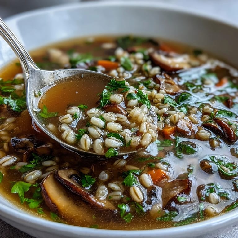 Close-up view of hearty rustic vegetable barley soup with mushrooms, showcasing tender pearl barley, sliced mushrooms, and fresh parsley garnish in a deep bowl.
