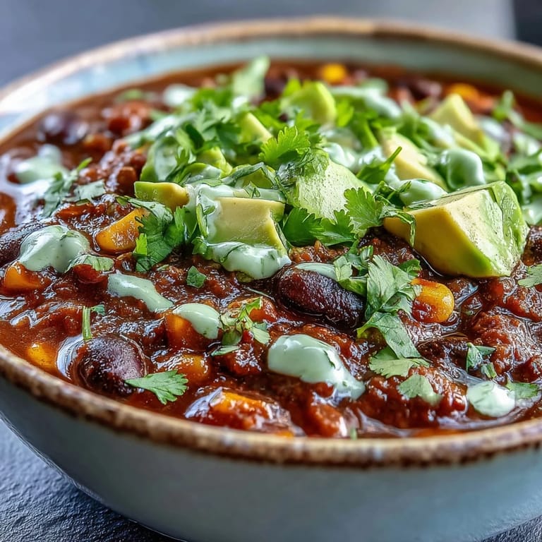 Colorful black bean and corn chili served with zesty lime crema, perfect for a cozy vegetarian meal.