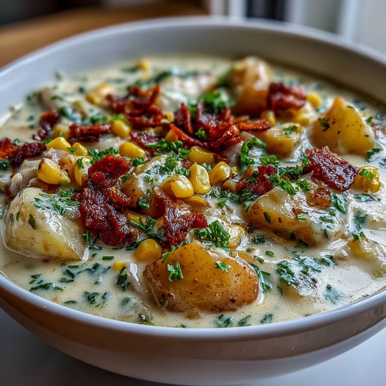 Warm bowl of light ham and potato chowder featuring tender potatoes, sweet corn, and diced celery.  
