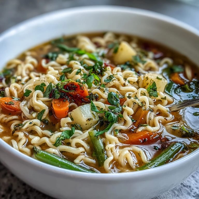 Hearty vegetable noodle soup filled with fresh seasonal vegetables, delicate noodles, and aromatic herbs for ultimate comfort.