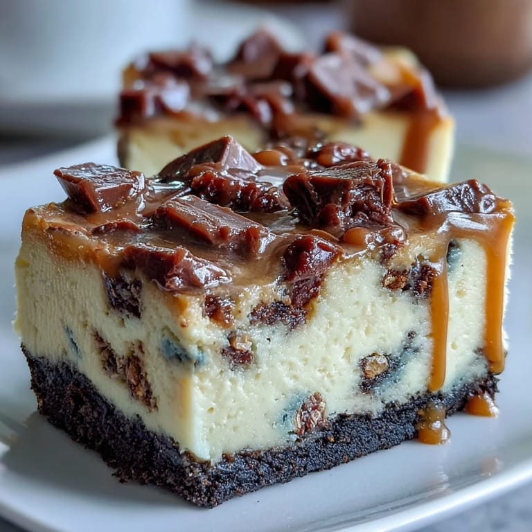 Indulgent peanut butter cheesecake bars topped with mini peanut butter cups and a drizzle of melted chocolate, ideal for dessert lovers.