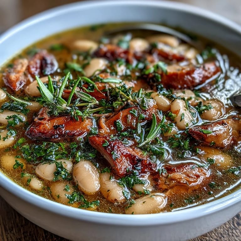 Creamy white bean soup with tender smoked turkey, fresh parsley, and thyme, perfect for a cozy dinner.  