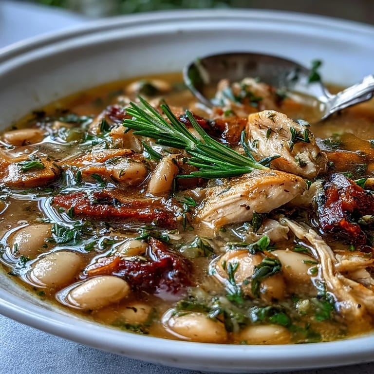 Hearty bowl of smoked turkey and white bean soup, garnished with parsley and served steaming hot.