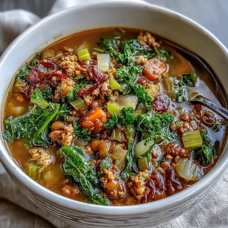 This comforting spicy sausage and lentil soup with kale is packed with protein-rich lentils, savory sausage, and fresh kale in a smoky, aromatic broth.  