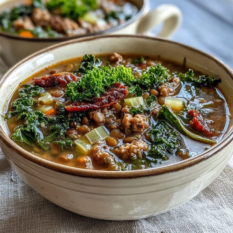 A rustic spicy sausage and lentil soup with kale served in a deep bowl, topped with fresh herbs and crusty bread for dipping.