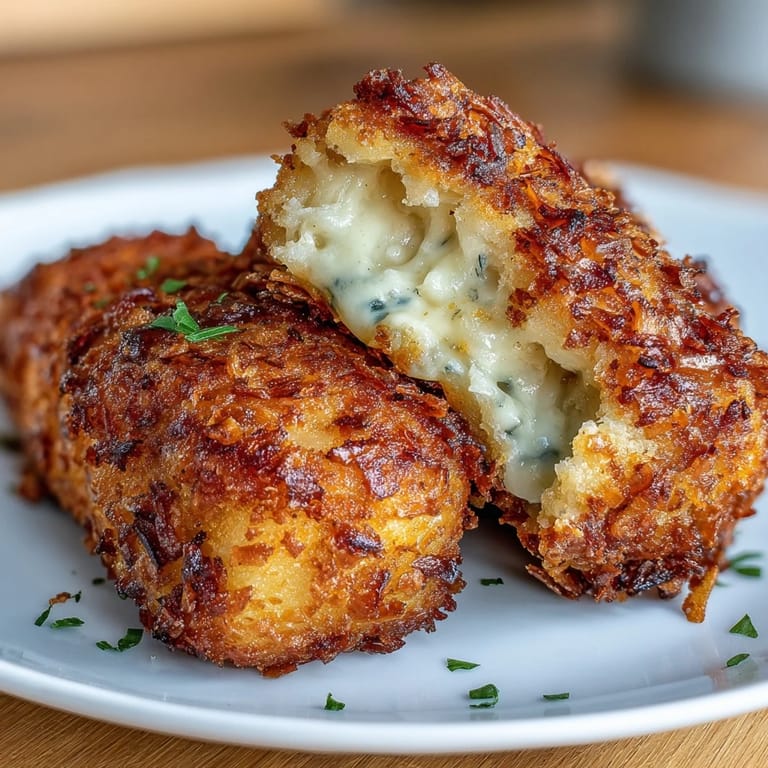 Savory funeral potatoes croquettes made in the air fryer, featuring a crispy cornflake coating and melty cheddar cheese inside.