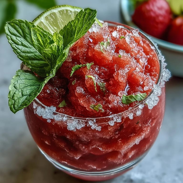 Chilled glasses rimmed with zesty lime sugar, filled with blended frozen strawberries and topped with sparkling water for a festive mocktail.  