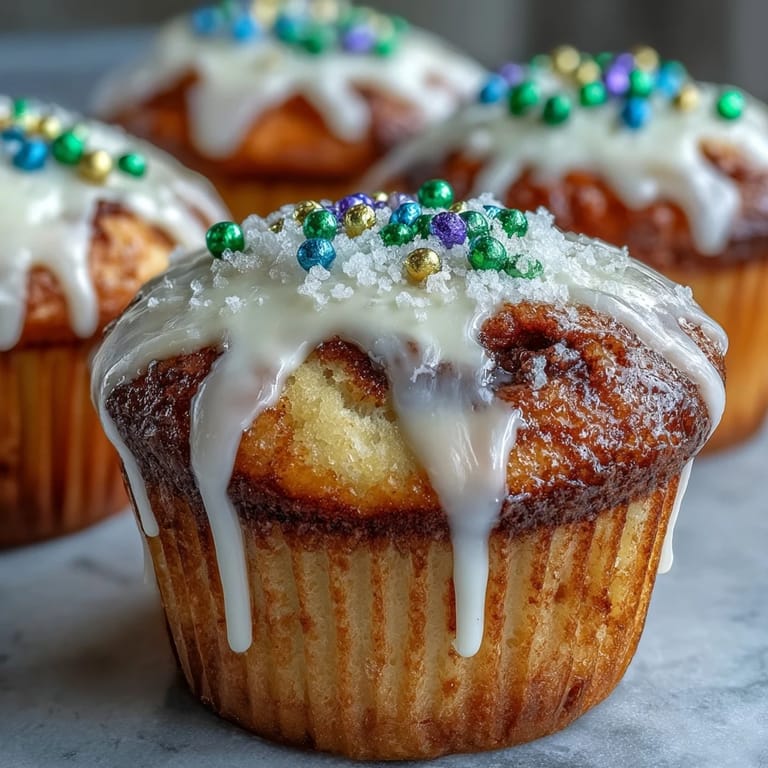 Bite-sized King Cake Cupcakes are drizzled with sweet glaze and topped with vibrant purple, green, and gold sugar for a New Orleans twist.