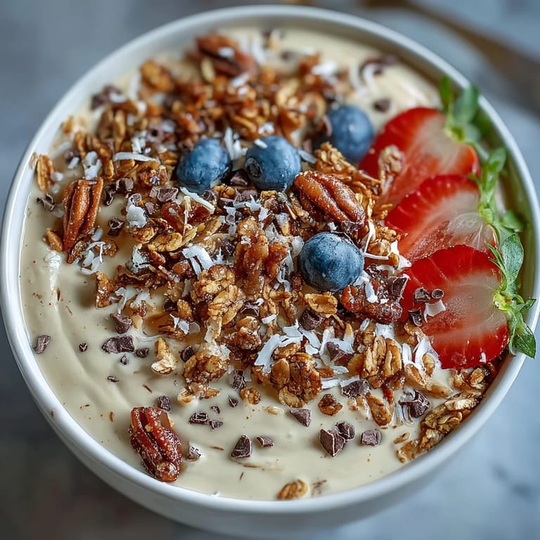 A thick and creamy vanilla bean frappuccino smoothie bowl, artfully topped with granola, blueberries, and strawberries for a satisfying and wholesome meal.