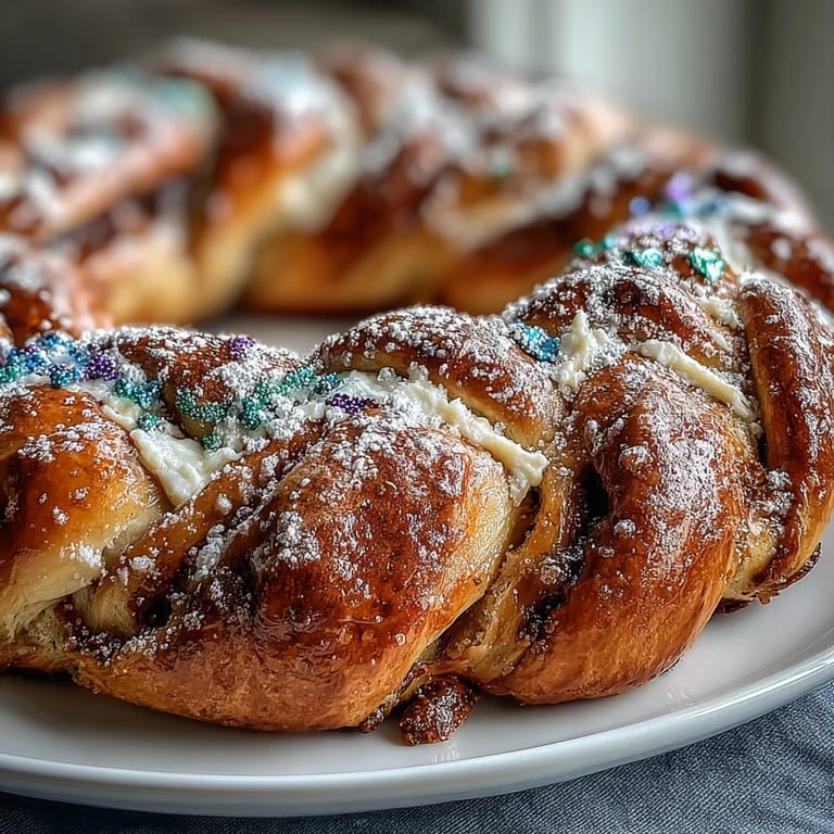 Festive Mardi Gras King Cake braid showcasing a swirl of lemon cream cheese filling, crowned with vibrant colored sanding sugar.