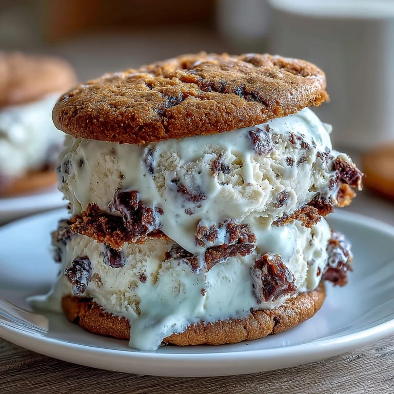 Homemade vanilla bean frappuccino ice cream sandwiches featuring coffee-flavored cookies and smooth, aromatic vanilla filling.