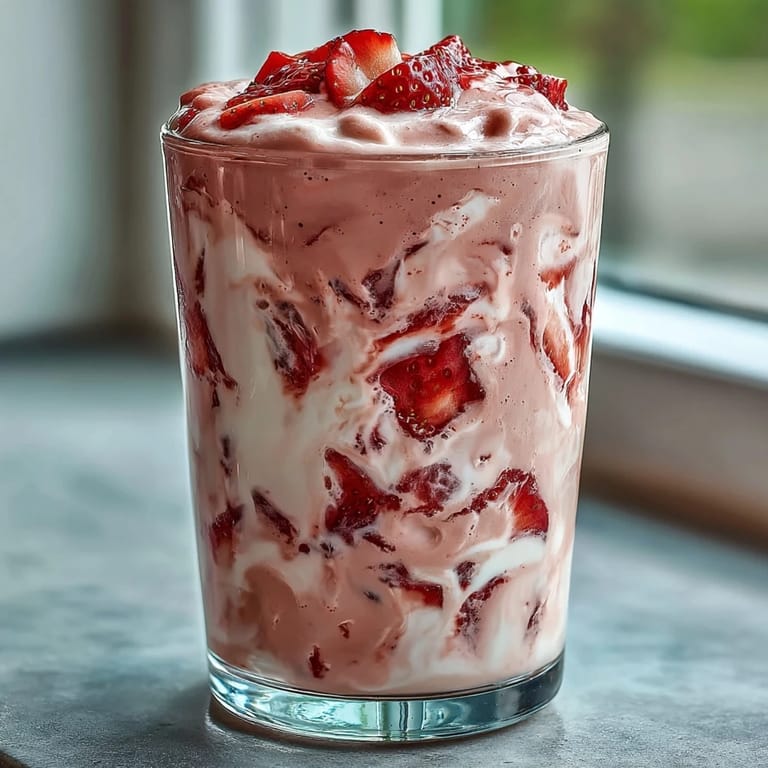 A thick, protein-packed smoothie blending strawberries, banana, and vanilla protein powder for a healthy, satisfying treat.
