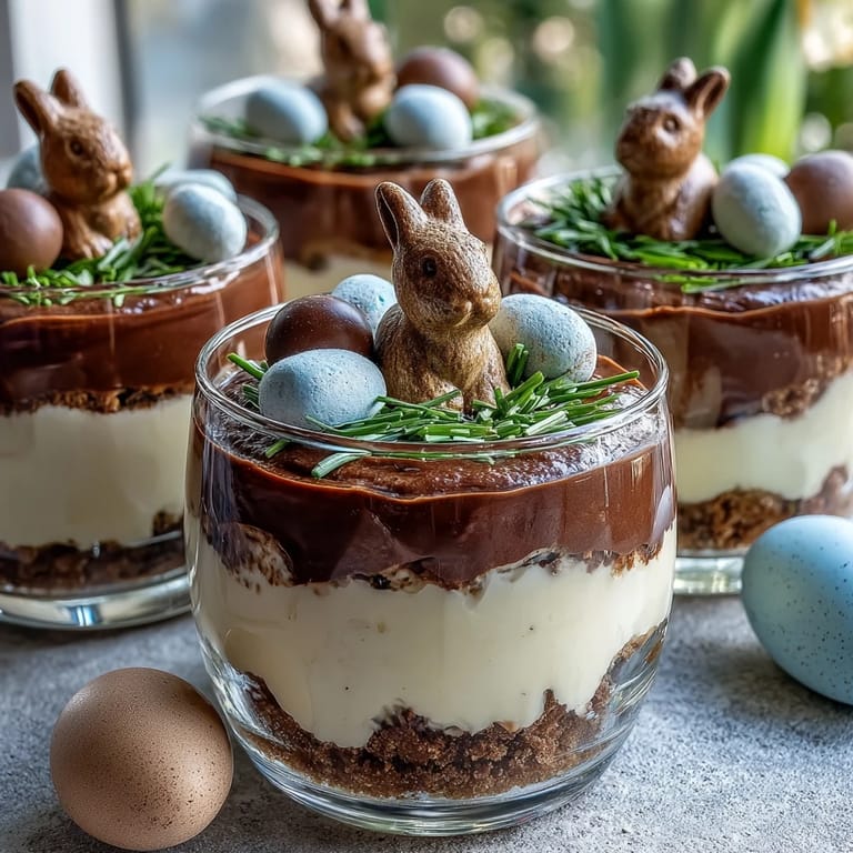 Festive Easter Bunny Dirt Cups for Kids topped with marshmallow bunnies and candy eggs in chocolate "dirt."