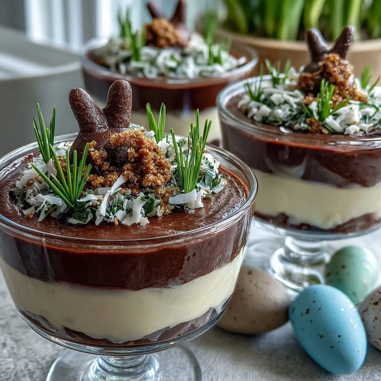 Kid-friendly Easter Bunny Dirt Cups for Kids featuring creamy pudding, crushed cookies, and cute bunny decorations.