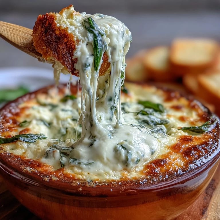 Warm spinach artichoke dip with melted cheese inside a golden sourdough bread bowl, perfect for sharing.  