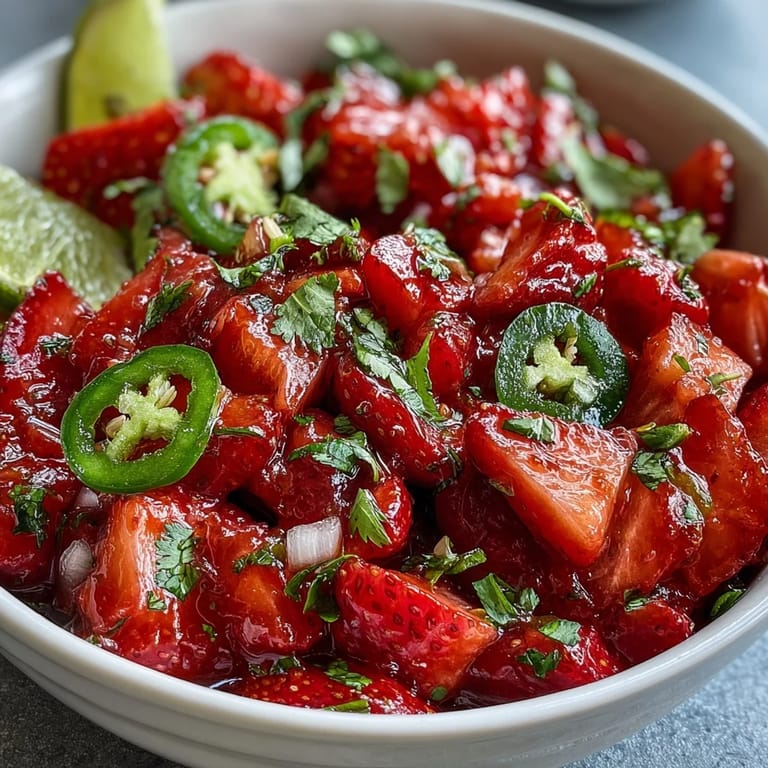 Vibrant strawberry salsa featuring juicy strawberries, zesty lime, and jalapeño, served with crispy tortilla chips for dipping.