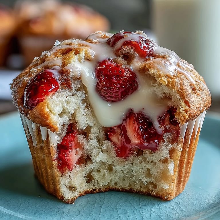 Buttery strawberry muffins bursting with juicy berries and creamy white chocolate chips, ideal for brunch or snack.