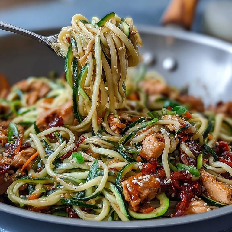 A vibrant plate of Healthy Easy Zucchini Noodle Stir Fry with Chicken, showcasing crisp vegetables, golden-brown chicken, and zucchini noodles tossed in a savory sesame-ginger sauce.