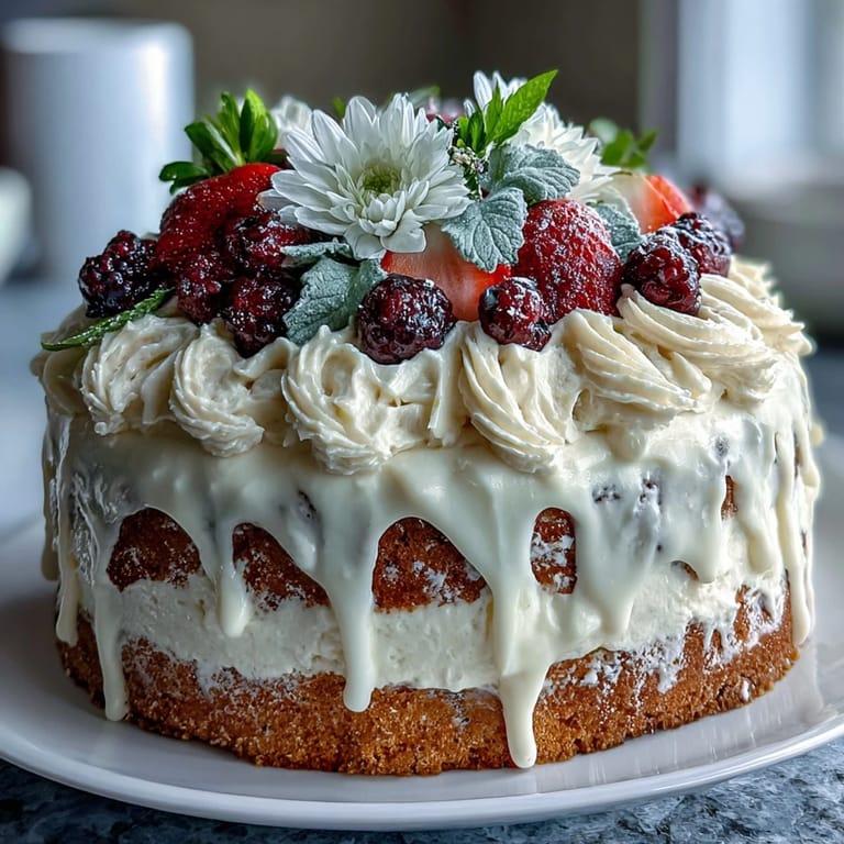 Fluffy vanilla sheet cake layered with tangy homemade lemon curd, crowned with whipped cream frosting and a colorful berry garnish.