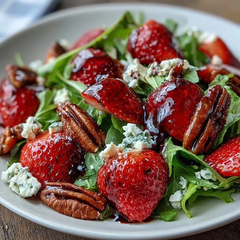 Bright and peppery arugula paired with juicy strawberries, toasted nuts, and tangy goat cheese for a perfect spring salad.  