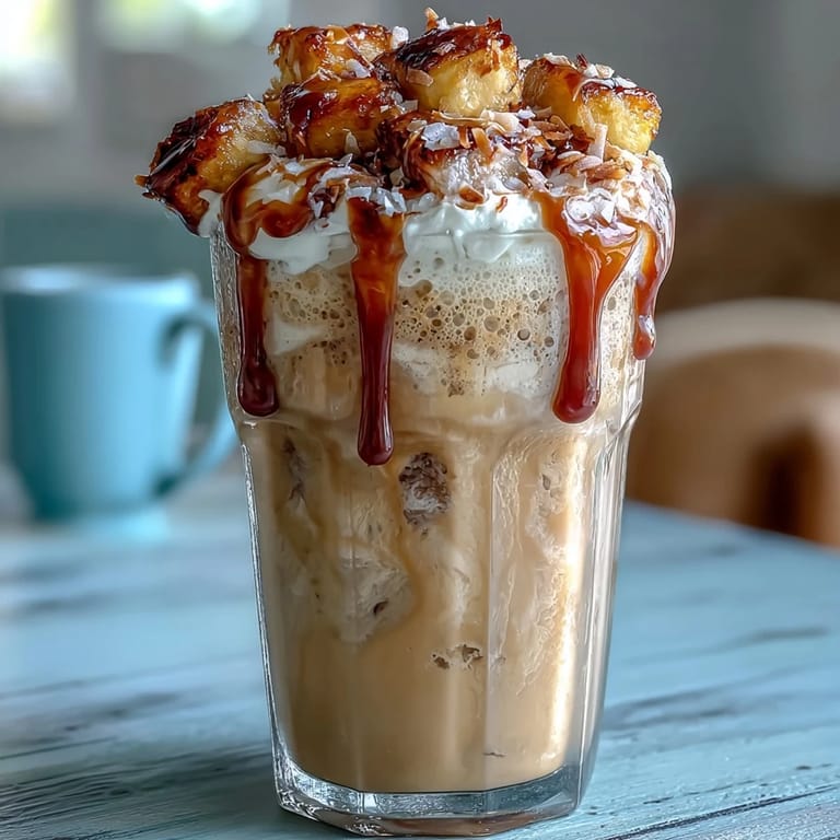 Two iced vanilla bean frappuccinos with toasted coconut milk foam, garnished with extra toasted coconut and whipped cream, perfect for summer.