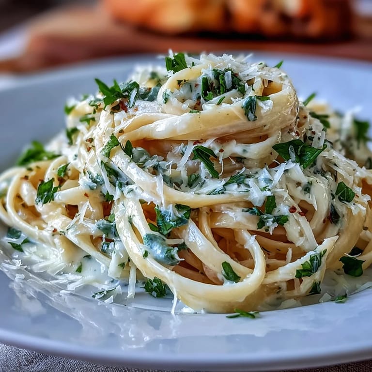 Creamy lemon butter sauce coats linguine with sweet peas and Parmesan, perfect for a quick vegetarian meal.  