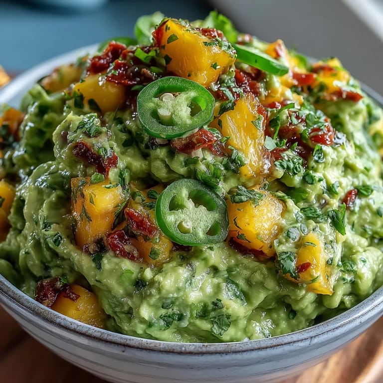 Vibrant avocado dip featuring sweet mango, spicy jalapeño, and fresh cilantro for a lively flavor.  