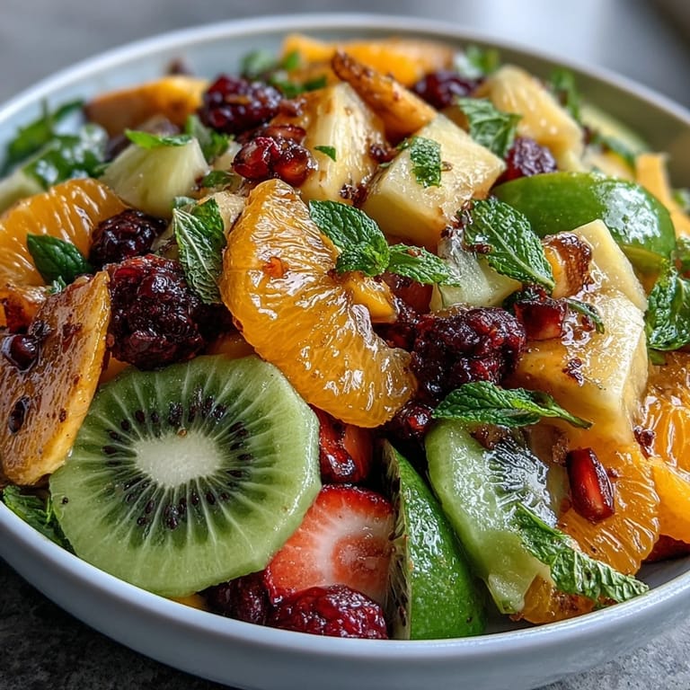 Fresh tropical fruit centerpiece featuring mango, pineapple, and berries, garnished with mint and lime for a festive touch.