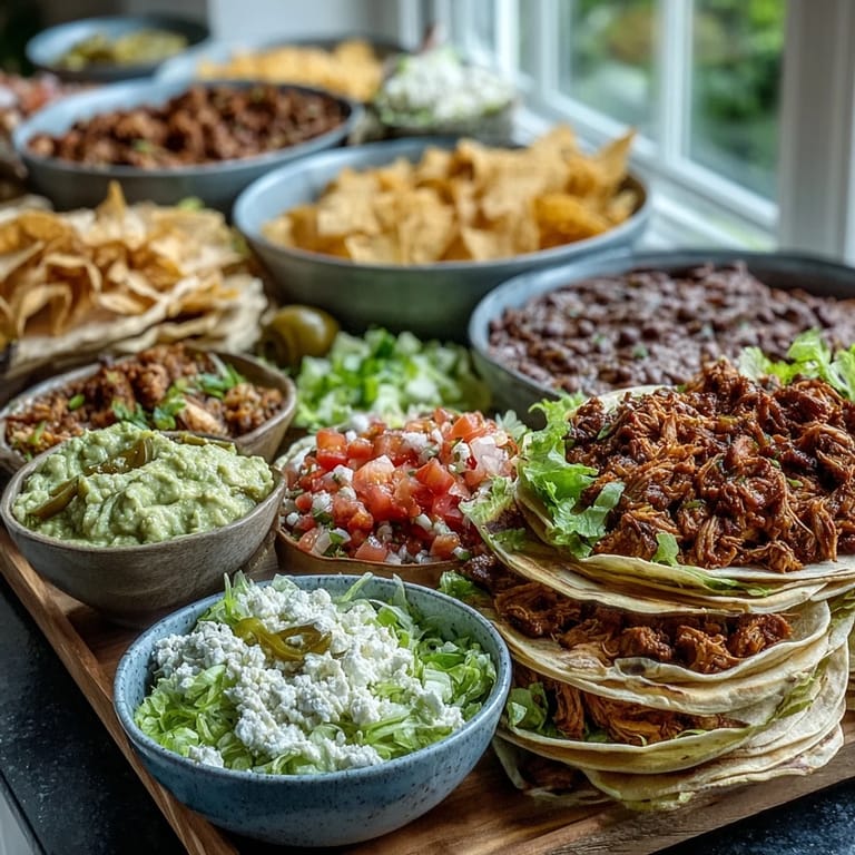 Build-your-own Cinco de Mayo Taco Bar featuring seasoned chicken, beef, beans, and fresh toppings for a party spread.