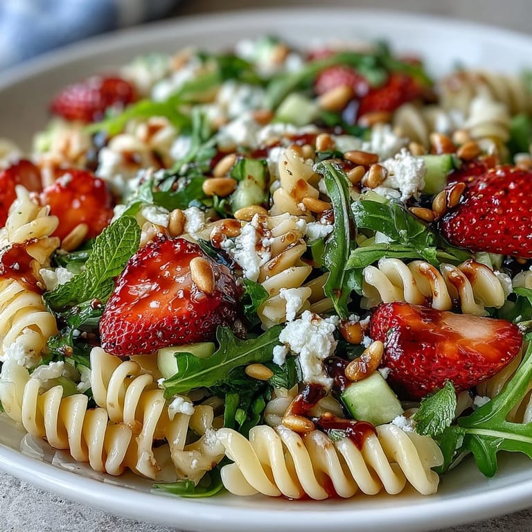 Colorful Spring Pasta Salad with Strawberries, Feta, and Arugula garnished with fresh basil and pine nuts