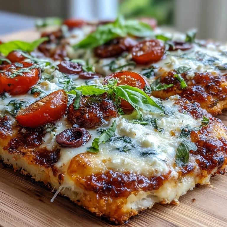 Healthy cottage cheese flatbread pizza with a soft, golden crust, bubbling cheese, and colorful vegetables for a satisfying, nutritious meal.