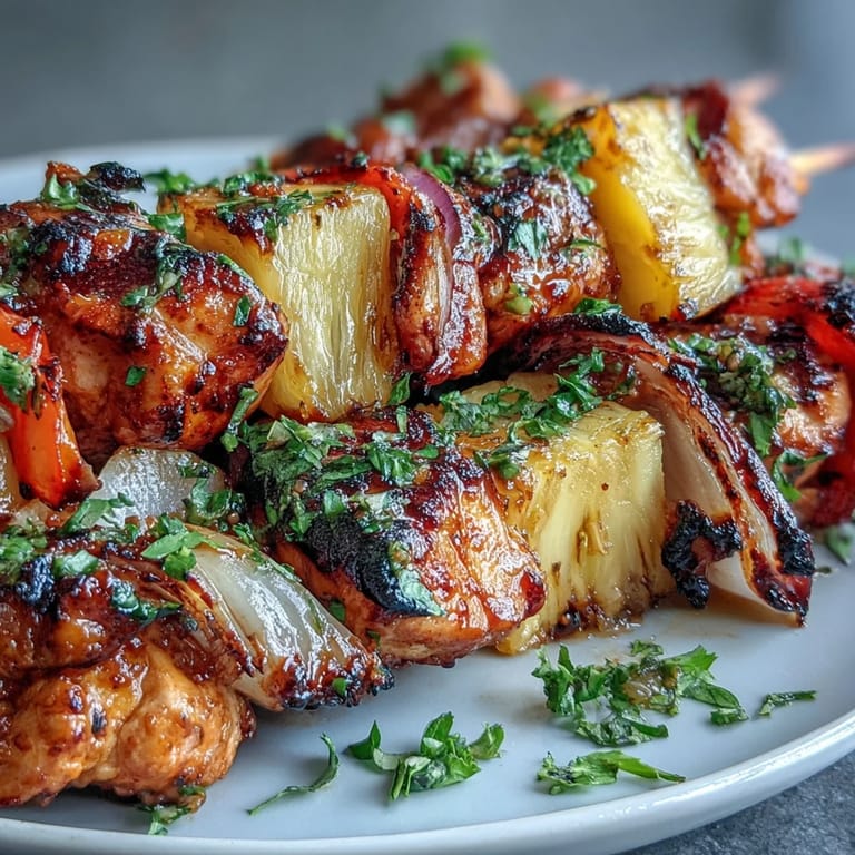 Colorful chicken and pineapple skewers sizzling on the grill, with vibrant bell peppers and onions adding a sweet-smoky aroma.