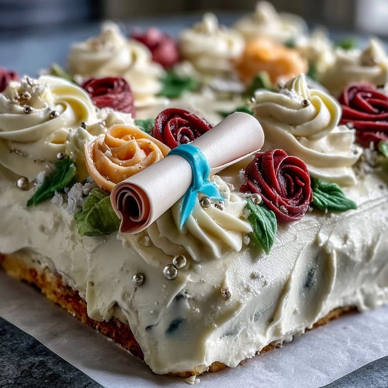 Buttercream rose and diploma decorated sheet cake, a sweet centerpiece for graduation celebrations and special milestones.