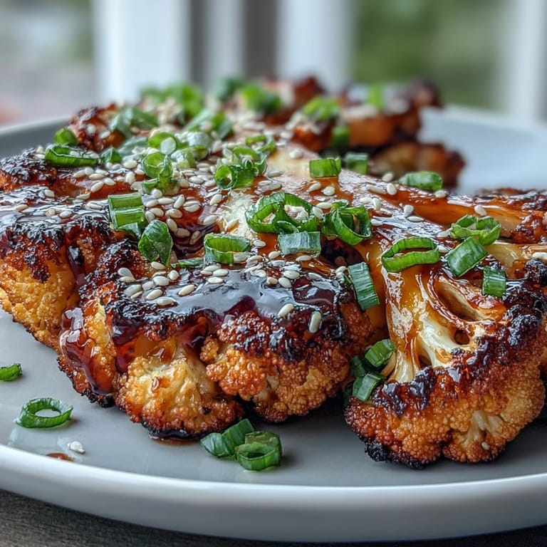 2. Thick cauliflower slices caramelized in sweet teriyaki sauce, garnished with sesame seeds and scallions.  