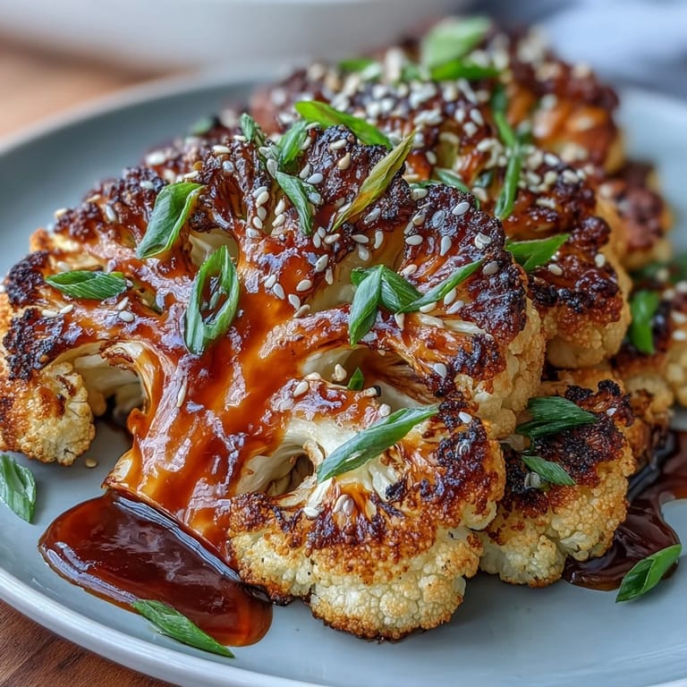 3. Golden-brown teriyaki cauliflower steaks served with extra sauce, ideal for a flavorful plant-based dinner.