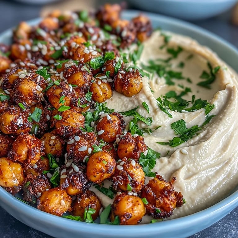 Wholesome Crispy Chickpea Bowls featuring golden chickpeas, creamy hummus, and charred seasonal vegetables. Garnished with sesame seeds and lemon wedges.