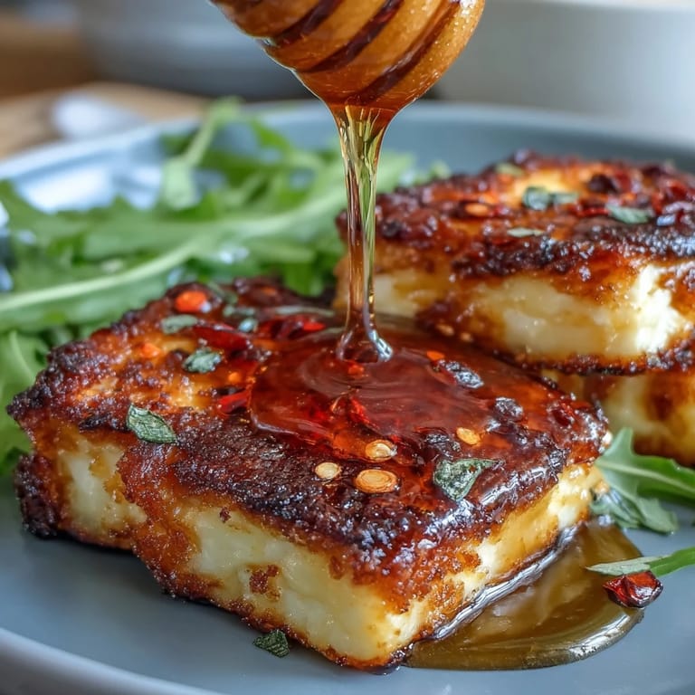 Crispy golden halloumi topped with aromatic hot honey, creating a sweet and spicy contrast with fresh arugula leaves.