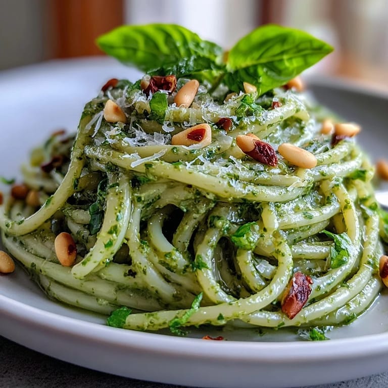 Bright, fresh Creamy Avocado Pesto Pasta, a delightful easy vegetarian dinner.