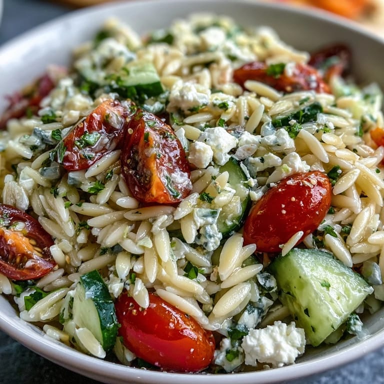 Fresh orzo salad with creamy feta, bright lemon, and cool cucumber.
