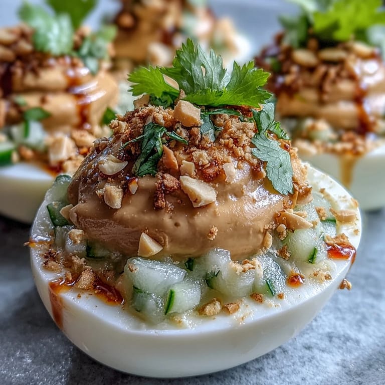 Scrumptious Thai Peanut Deviled Eggs with crunchy peanuts and a cool cucumber topping.