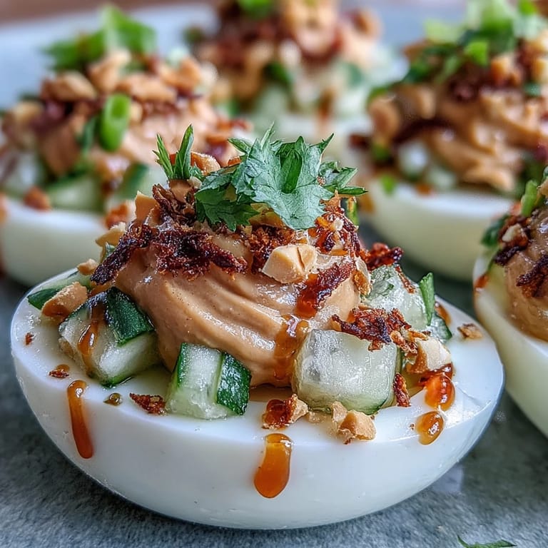 Irresistible Thai Peanut Deviled Eggs, perfectly seasoned and ready for your next gathering.