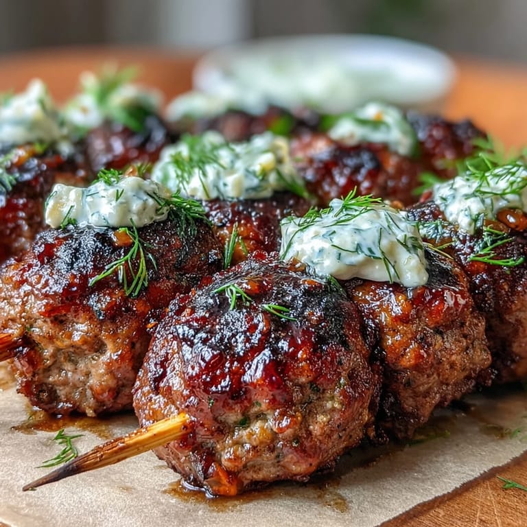 Spiced ground lamb kofta with fresh mint and parsley, charred on the grill and paired with refreshing cucumber tzatziki.  
