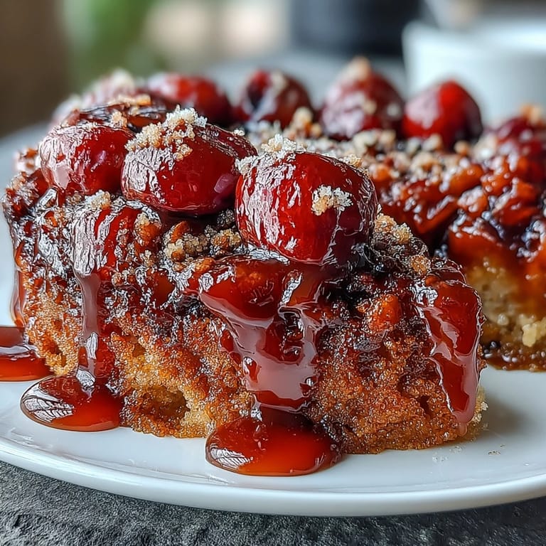 Moist Cherry Almond Upside-Down Cake showing a browned, buttery caramelized topping.