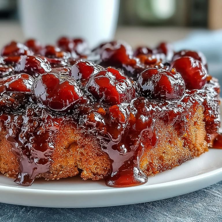 Golden brown Cherry Almond Upside-Down Cake, ready for slicing and dessert.