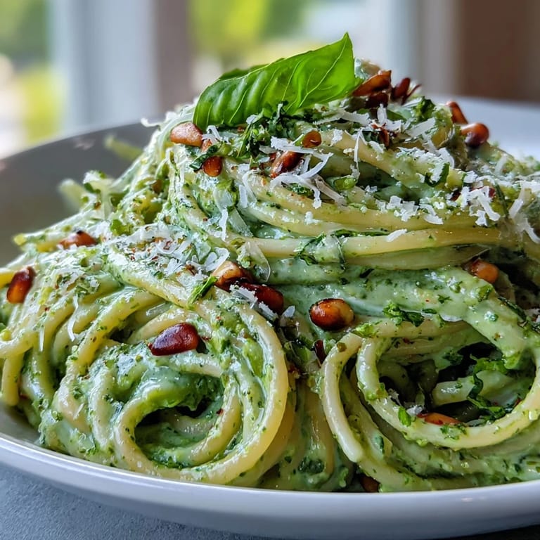 Lush, no-cook avocado pesto coats tender spaghetti for a quick meal.