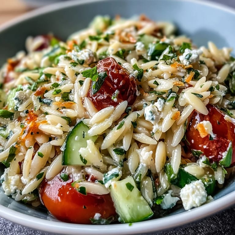 Mediterranean orzo salad with feta and crisp veggies, perfect for lunch.