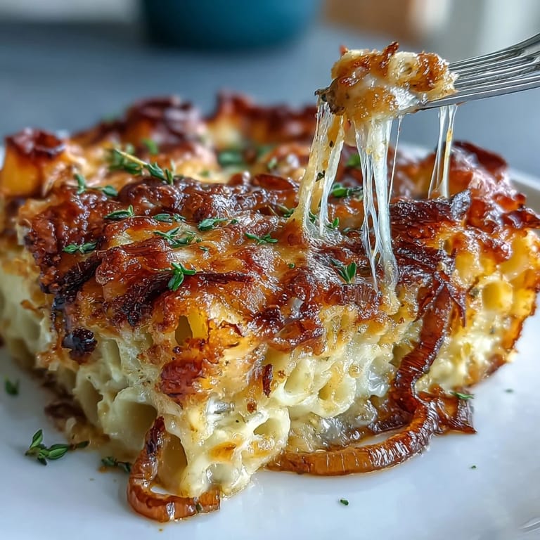Rich and savory French onion pasta bake with tender noodles, sweet caramelized onions, and a creamy Gruyère sauce.