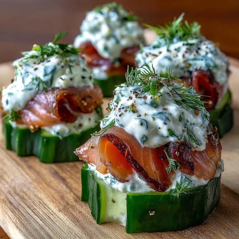 Refreshing smoked salmon cucumber bites perfect for parties, featuring savory salmon atop herbed cream cheese.